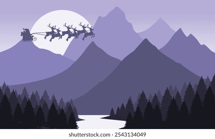 Vector purple mountain landscape with clear sky, santa claus, christmas, sunset behind the mountains and silhouettes of trees and calm lake water