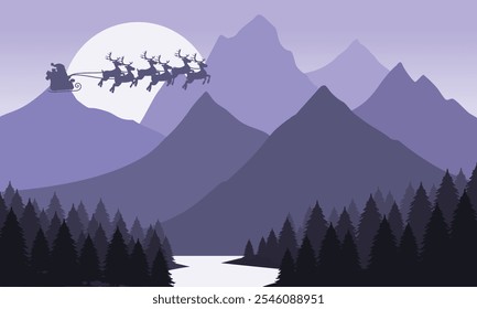 Vector purple mountain landscape with clear sky, santa claus, christmas, sunset behind the mountains and silhouettes of trees and calm lake water