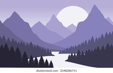 Paisaje montañoso de color púrpura Vector con cielo despejado, puesta de sol detrás de las montañas y siluetas de árboles y aguas tranquilas del lago