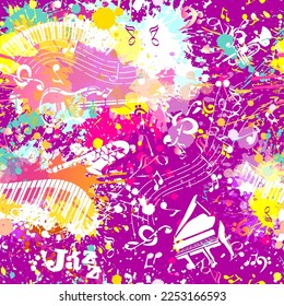 Vector purple Music background. Seamless pattern with Hand drawn doodle Musical Instruments, Retro musical equipment.