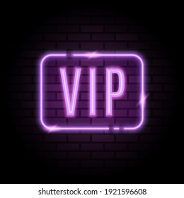 Vector purple neon frame with VIP sign on brick wall background. Neon banner template