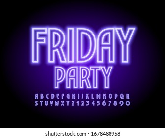 Vector purple neon logo Friday Party. Trendy electric Font. Glowing Alphabet Letters and Numbers