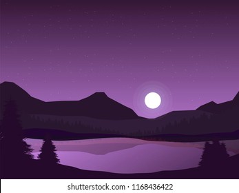 vector purple night and full moon over lake, nature landscape illustration. mountains and pine forest