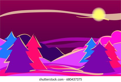 Vector purple night landscape, nature scenery banner, Christmas or new year illustration. Hand painted pink night sky twilight forest at daybreak. Outdoor, adventure, travel, holidays panorama design.