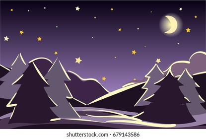 Vector purple night landscape, winter scenery banner, Christmas or new year illustration. Hand painted starry night sky twilight forest at night. Outdoor, adventure, travel, holidays panorama design.