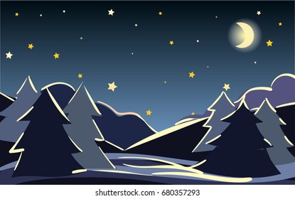 Vector purple night landscape, winter scenery banner, Christmas or new year illustration. Hand painted starry night sky twilight forest at night. Outdoor, adventure, travel, holidays panorama design.