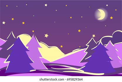 Vector purple night landscape, winter scenery banner, Christmas or new year illustration. Hand painted starry night sky twilight forest at night. Outdoor, adventure, travel, holidays panorama design.