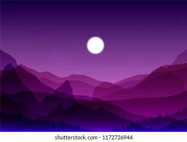 Vector purple night and mountains landscape illustration