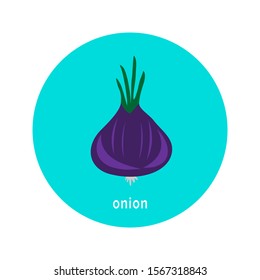 Vector purple onion icon isolated on white background.  Flat blue circle icon with vegetable. Healthy food. 