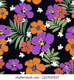 Vector purple orange yellow white blooming flowers and green leaves on black background,floral seamless pattern art background design for wallpaper garment wrapping fabric textile tile wallpaper 