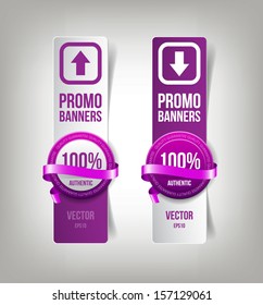 Vector purple paper banners with round plastic badges with silky decorative ribbons, "100% authentic"