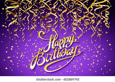 vector purple party background. Happy Birthday Celebration Design, Vector gold confetti Elements, Greeting Card Template Violet Colors art