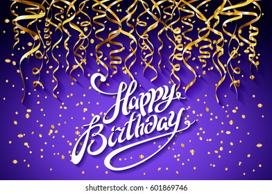 vector purple party background. Happy Birthday Celebration Design, Vector gold confetti Elements, Greeting Card Template Violet Colors art
