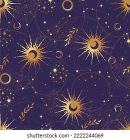 Vector purple  pattern with sun, moon, plants and stars. Mystical esoteric background for design of fabric, packaging, astrology, phone case, wrapping paper.