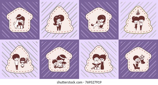 Vector purple pattern. Wooden Christmas ornaments. Happy people
