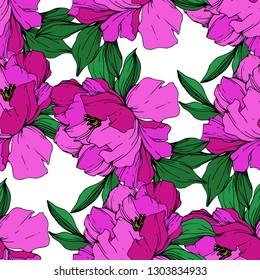 Vector Purple peony floral botanical flower. Wild spring leaf wildflower isolated. Engraved ink art. Seamless background pattern. Fabric wallpaper print texture.