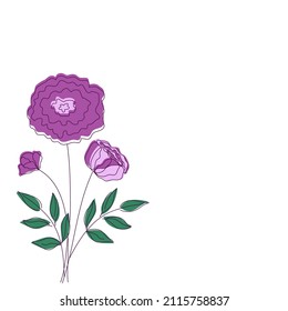 Vector purple peony or rose flowers with outlined silhouette isolated on white background. Design for Logo,  flyer, business card.