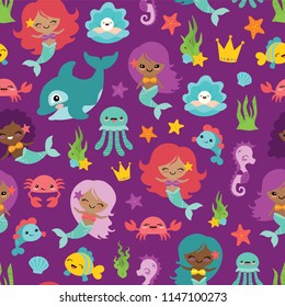 Vector Purple People of Color Mermaids and Friends Seamless Pattern Background. Perfect for fabric, scrapbooking, kids, stationary, and home decor projects.