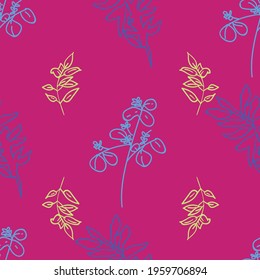 Vector purple pink background herbs, leaf, flowers and plants texture seamless pattern. Seamless pattern background