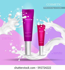 vector purple and pink bottle cream essence mock up on colorful background, with your brand, ready for print ads or magazine design. Transparent and shine, realistic 3d style
