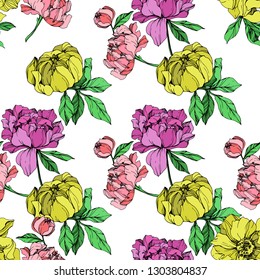 Vector Purple, pink and yellow peony floral botanical flower. Wild spring leaf wildflower isolated. Engraved ink art. Seamless background pattern. Fabric wallpaper print texture.