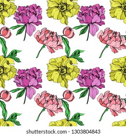 Vector Purple, pink and yellow peony floral botanical flower. Wild spring leaf wildflower isolated. Engraved ink art. Seamless background pattern. Fabric wallpaper print texture.
