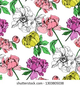 Vector Purple, pink and yellow peony floral botanical flower. Wild spring leaf wildflower isolated. Engraved ink art. Seamless background pattern. Fabric wallpaper print texture.