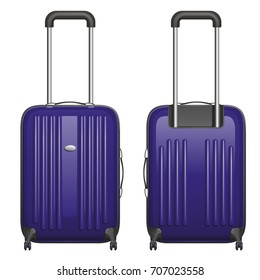Vector purple plastic suitcase on castors with retractable handle, front view and rear view, on white background