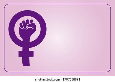 Vector of a purple raised hand as feminism symbol with gradient pink background.  Copy space.