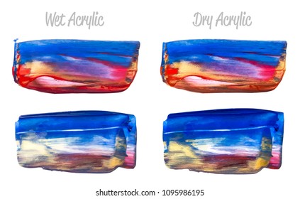 Vector purple, red, blue, yellow paint smear stroke stain set. Abstract acrylic textured art illustration. Acrilyc Texture Paint Illustration. Hand drawn brush strokes vector elements. Acrilyc strokes