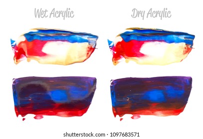 Vector purple, red, blue, yellow paint smear stroke stain set. Abstract acrylic textured art illustration. Acrilyc Texture Paint Illustration. Hand drawn brush strokes vector elements. Acrilyc strokes