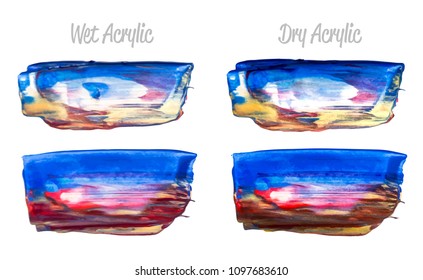 Vector purple, red, blue, yellow paint smear stroke stain set. Abstract acrylic textured art illustration. Acrilyc Texture Paint Illustration. Hand drawn brush strokes vector elements. Acrilyc strokes