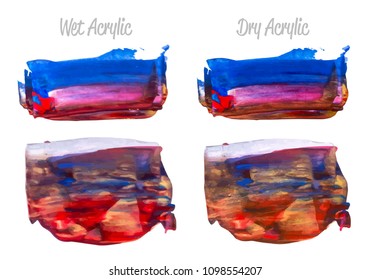 Vector purple, red, blue, yellow paint smear stroke stain set. Abstract acrylic textured art illustration. Acrilyc Texture Paint Illustration. Hand drawn brush strokes vector elements. Acrilyc strokes