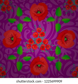 Vector purple, red and green of poppy flowers seamless pattern.