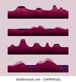 Vector purple and red stones ground. Empty land with frozen lakes, extinct volcanoes, mountains and seas. A surface from an alien planet. Fantasy world Seamless design elements for gaming and ui