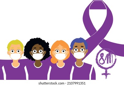 Vector purple ribbon 8m, people together wearing mask, 8 march international woman day symbol, feminism, gender equality