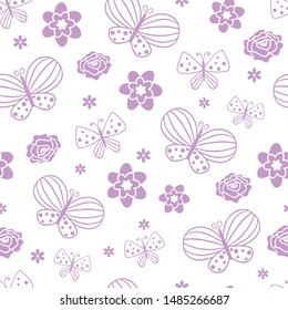 Vector purple seamless floral butterfly pattern background. Perfect for fabric, scrapbooking, wallpaper projects.