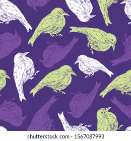 Vector purple seamless pattern with hand drawn cute fat birds made with ink. Beautiful animal design elements. Perfect for prints and patterns.