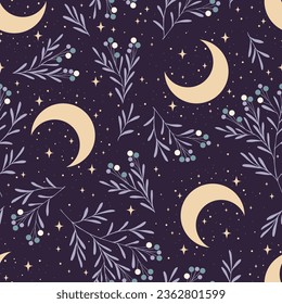 Vector purple seamless pattern with moon, plants and stars. Mystical esoteric background for design of fabric, packaging, astrology, phone case, wrapping paper.
