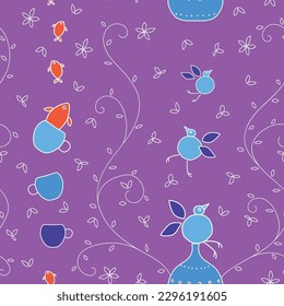 Vector purple seamless pattern: Thriving. Birds taking wings from a vase, funny fish rising from a stack of cups, and twirly vines with tiny flowers in between. Part of My New Blue Home collection.