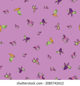 Vector Purple small Origami pegasus and unicorns with apple and carrots background pattern
