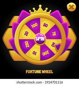 Vector Purple Spin Wheel For The Game. Wheel Of Fortune With Crown Ui.