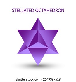 Octaedro estelado vectorial púrpura, también llamado Stella octangula y Polyhedra Hexagon, compuestos poliédricos geométricos sobre un fondo blanco con un gradiente para juego, icono, diseño de empaque o logotipo.