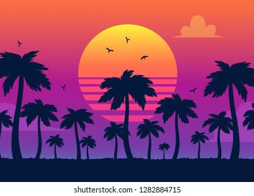 Vector purple sunset on background of palm silhouettes. California beach, summer vacation backdrop for design. Tropical sunset scene for travelling design.