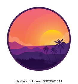 Atardecer violeta vectorial sobre el fondo de las siluetas de palma. Playa de California, escenario de vacaciones de verano para el diseño. Escena tropical de puesta de sol para el diseño de viajes.