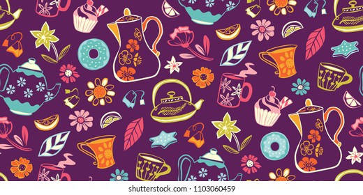 Vector purple tea garden seamless pattern background. Suitable for fabric, scrapbooking, gift wrap, stationery projects.