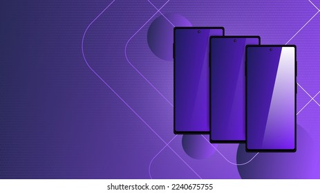 Vector purple technology poster with three smartphones, balls, lines and glow. High tech banner with texture.