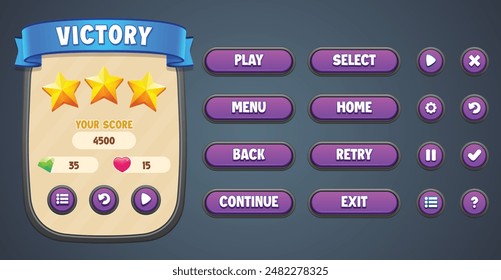 Vector purple theme premium game UI kit. Set of victory menu scene pop up, icons, and buttons with editable text effect. Game UI kit in cartoon style.