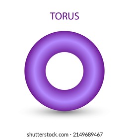 Vektorvioletter Torus mit Farbverläufen und Schatten für Spiel, Ikone, Paket-Design, Logo, Mobile, i, Web, Bildung. 3D Donut auf weißem Hintergrund. Geometrische Zahlen für Ihr Design.
