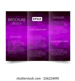 Vector purple tri-fold brochure design template with abstract geometric background. Tri-Fold Mock up & back Brochure Design with triangles. Vector design illustration EPS10